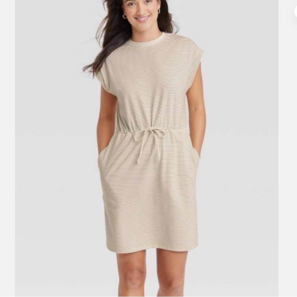 A New Day Women’s XXL Tan & Cream Stripe SS Drawstring Summer Pockets Dress NWOT